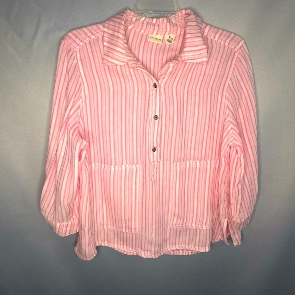 Westbound woman's button down pink & white striped blouse blouse size medium